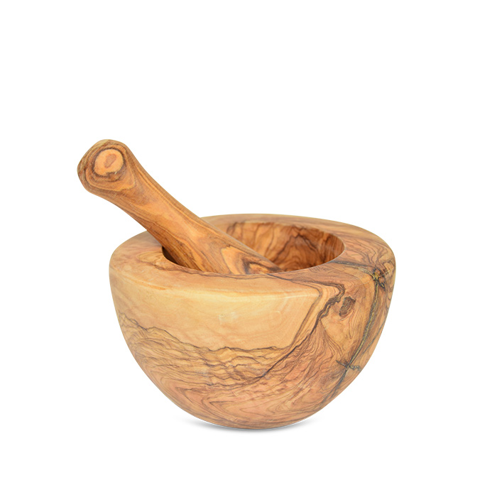 Mortier rond bombé 16 cm et pilon en bois d'olivier (6411) - France